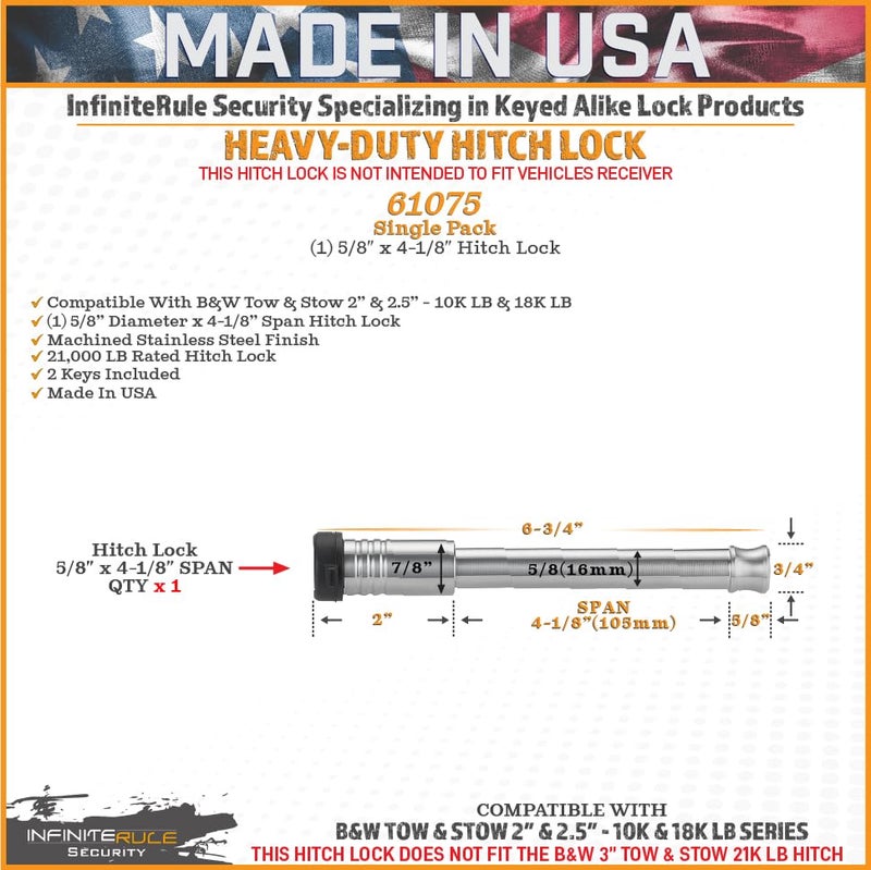 InfiniteRule Security 61075 | Hitch Lock for B&W 2" & 2.5" Tow and Stow 10K LB & 18K LB - Fits Adjustable Ball Mount Only - Does NOT FIT Vehicle Receiver - Image 3